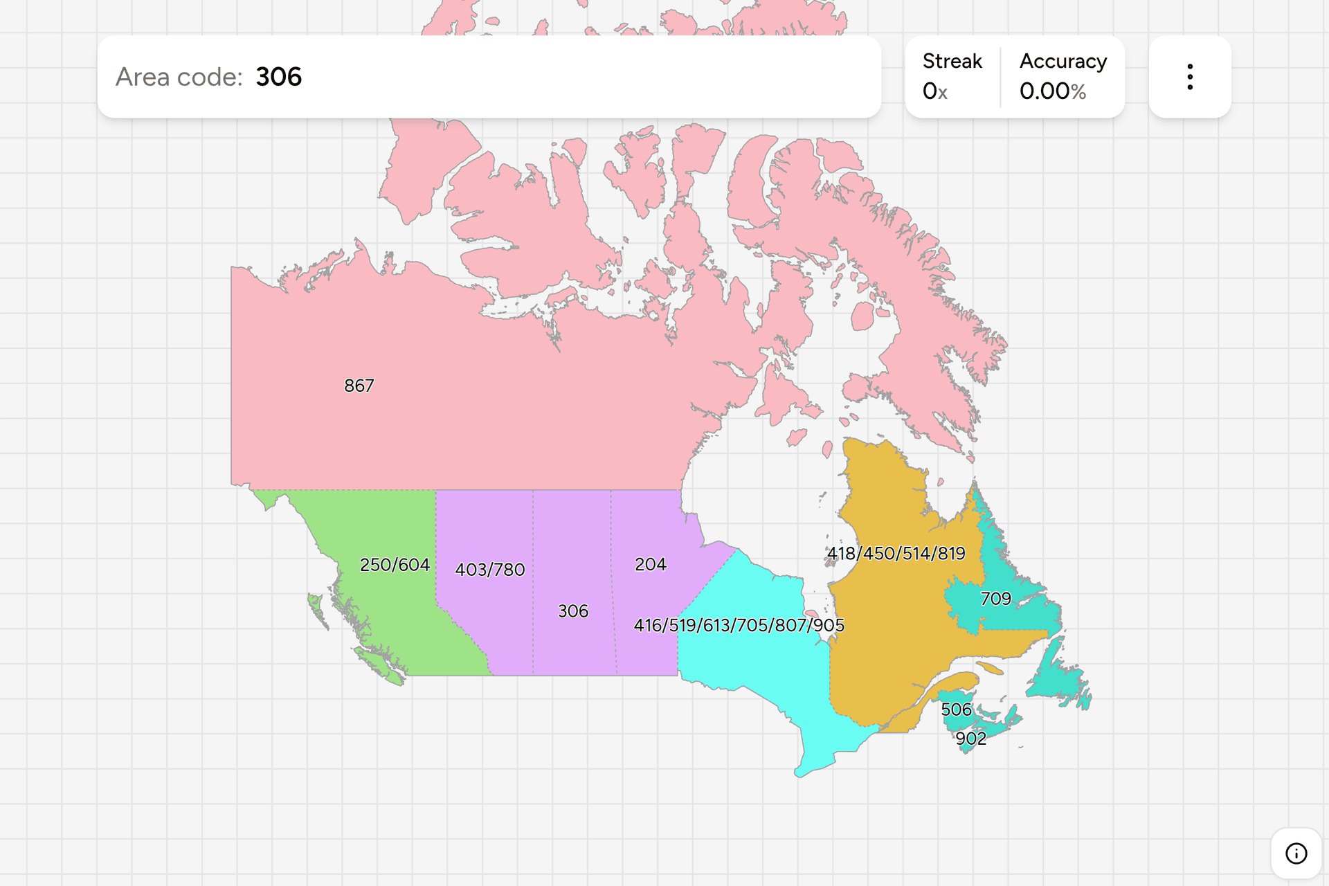 Screenshot of Canada Dialing Codes game